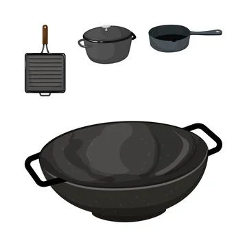 Kitchen utensils set featuring various cast iron cookware Stock Illustration