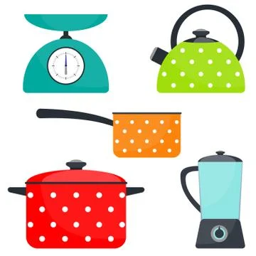 Kitchen utensils, set. Frying pan, saucepan, kettle, mixer, scales. Vector fl Stock Illustration