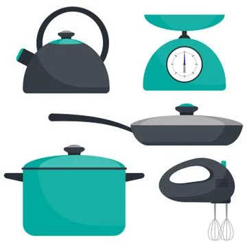 Kitchen utensils, set. Frying pan, saucepan, kettle, mixer, scales. Vector fl Stock Illustration