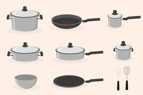 Kitchen utensils set pots pans for cooking vector illustration Stock Illustration