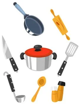 Kitchen utensils set various equipment food illustration Illustrazione stock