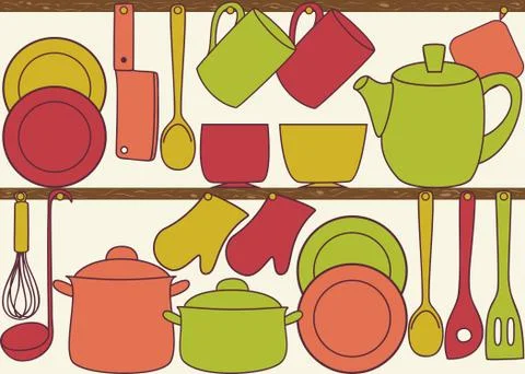 Kitchen utensils on shelves - seamless pattern Stock-Illustration