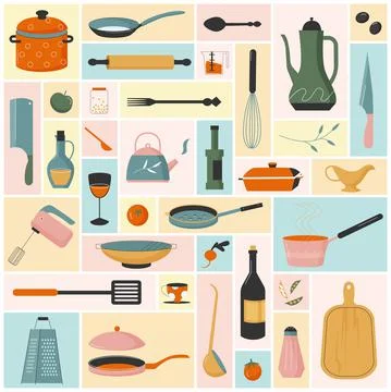 Kitchen utensils, tools and equipment set, chefs kitchenware collection with Stock Illustration