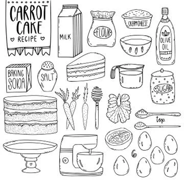 Kitchen utensils vector elements. Carrot cake recipe. Baking cooking recipe.  Stock Illustration