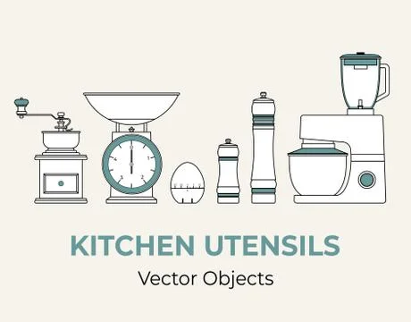 Kitchen utensils vector isolated set. Coffee grinder kitchen scales pepper salt Stock Illustration
