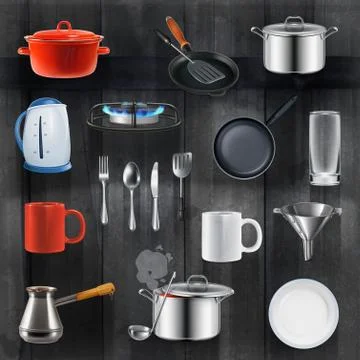 Kitchen utensils, vector set on black wooden background Stock Illustration
