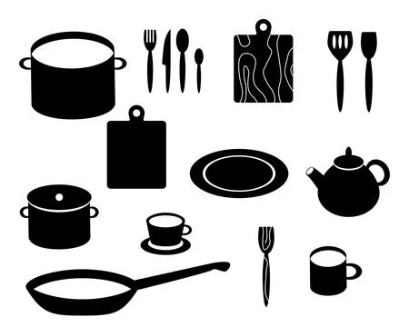 Kitchen utensils, vector set black color. Stock Illustration