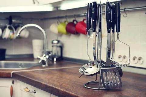 Kitchen utensils on  work top Foto stock