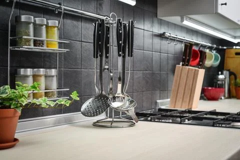 Kitchen utensils on work top Foto stock