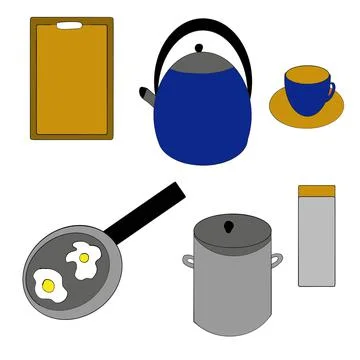 Kitchen utensils,kitchen accessories, kitchen, cutting board, kettle, cup, jar f Stock Illustration