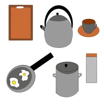 Kitchen utensils,kitchen accessories, kitchen, cutting board, kettle, cup, jar f Stock Illustration