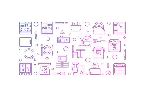 Kitchen vector concept colored horizontal line illustration Stock Illustration