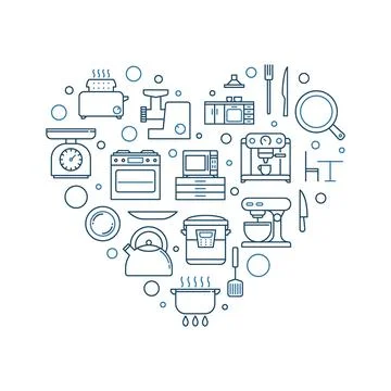 Kitchen vector outline heart shaped illustration or banner 스톡 일러스트