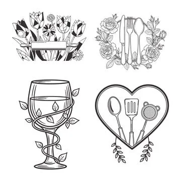 Kitchen vector set with floral rolling pin rose cutlery wine glass and hear.. Stock Illustration