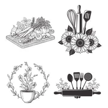 Kitchen vegetable cutting board and floral utensil vector set Illustrazione stock