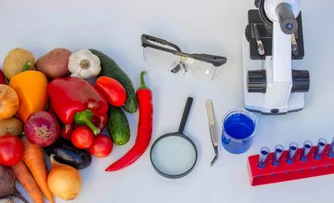 Kitchen vegetables and microscope on white table Stock Photos