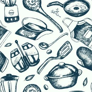 Kitchen Ware - hand drawn seamless pattern Stock Illustration