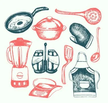 Kitchen Ware - illustration of vector vintage composition Illustrazione stock