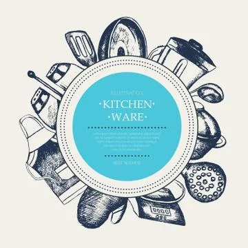 Kitchen Ware - modern drawn round banner template. Stock Illustration