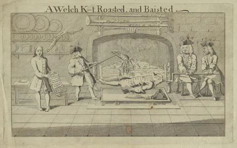 A kitchen in which Sir Watkin Williams Wynn MP is rotated on a spit before .. Illustrazione stock