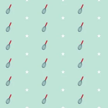 Kitchen whisk seamless pattern with red handled whisks and white stars on mint Stock Illustration
