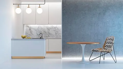 Kitchen white minimalistic interior with table chair. Stock Illustration