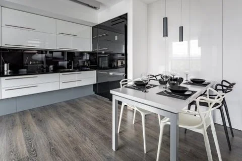 Kitchen with white table Stock Photos