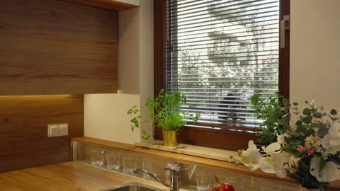 Kitchen window with blinds illuminating sink on wooden countertop Stock Footage 347874283