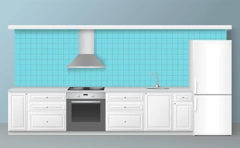 Kitchen without upper cabinets realistic design interior Stock Illustration