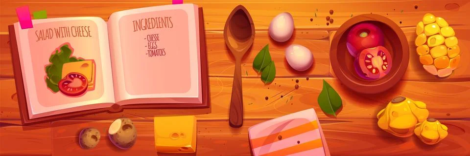 Kitchen wood table top view with recipe cookbook Illustrazione stock