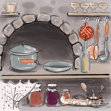 Kitchen work surface with dishes and utensils Stock Illustration