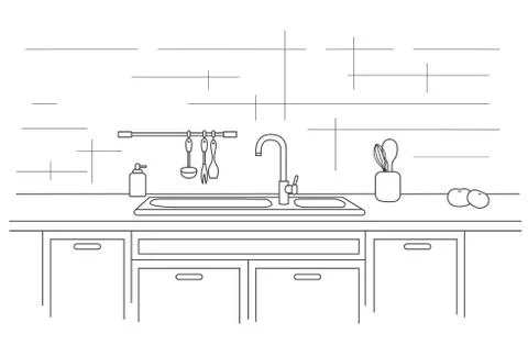 Kitchen worktop with sink. Linear vector illustration. Stock Illustration