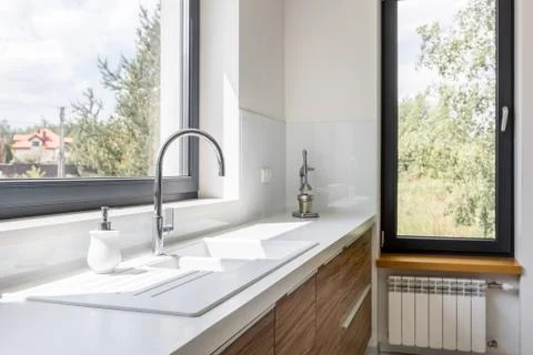 Kitchen worktop with sink Stock Photos