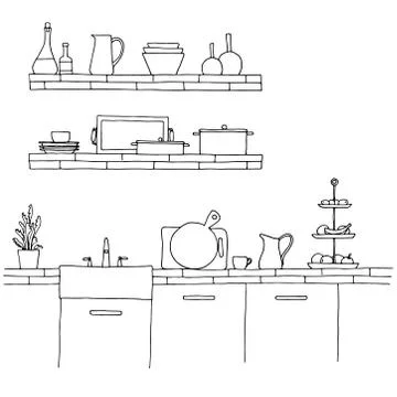 Kitchen worktop with sink. The sketch of the kitchen Stock Illustration