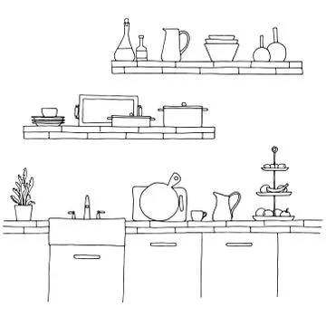 Kitchen worktop with sink. The sketch of the kitchen Stock Illustration