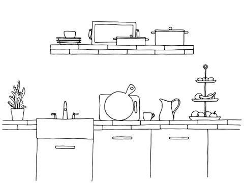 Kitchen worktop with sink. The sketch of the kitchen Illustrazione stock