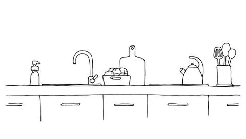 Kitchen worktop with sink. The sketch of the kitchen. Stock Illustration