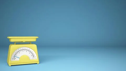 Kitchen yellow empty weigh scales, on blue background copy space, measuring d Stock Illustration