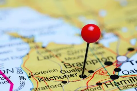 Kitchener pinned on a map of Canada Foto stock