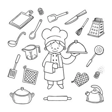 Kitchener tools white and black vector icons set. Profession bac Illustrazione stock