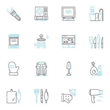Kitchenette linear icons set. Compact, Cozy, Efficient, Minimal, Functional Stock Illustration