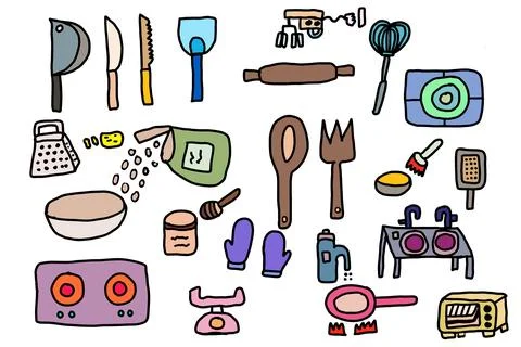 Kitchenware and Bakery tools in cartoon character on white background.easy .. Stock Illustration
