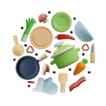 Kitchenware and cookware in 3D style, vector illustration isolated on white Stock Illustration