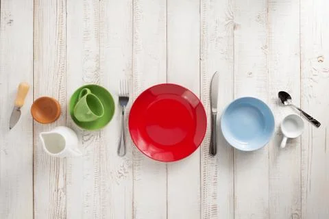 Kitchenware and crockery at  wooden background Stock Photos