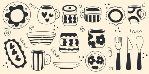 Kitchenware and cutlery set in doodle sketch style Stock Illustration