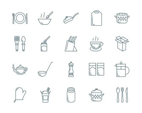Kitchenware and utensil vector icons set modern line style Stock Illustration