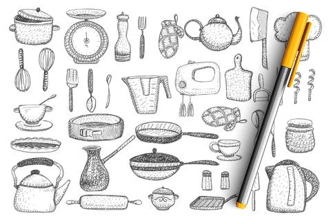 Kitchenware and utensils doodle set Stock Illustration