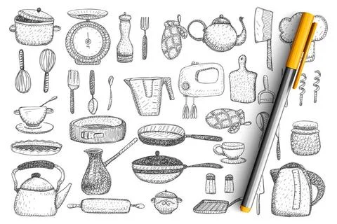Kitchenware and utensils doodle set Kitchenware and utensils doodle set. C... Stock Photos