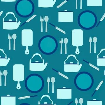 Kitchenware and utensils pattern in blue shades Stock Illustration