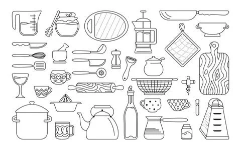 Kitchenware black line cartoon set tool cooking Illustrazione stock